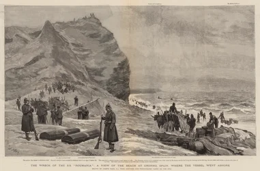 Das Wrack der SS Roumania, ein Blick auf den Strand von Gronho, Spanien, wo das Schiff gestrandet ist